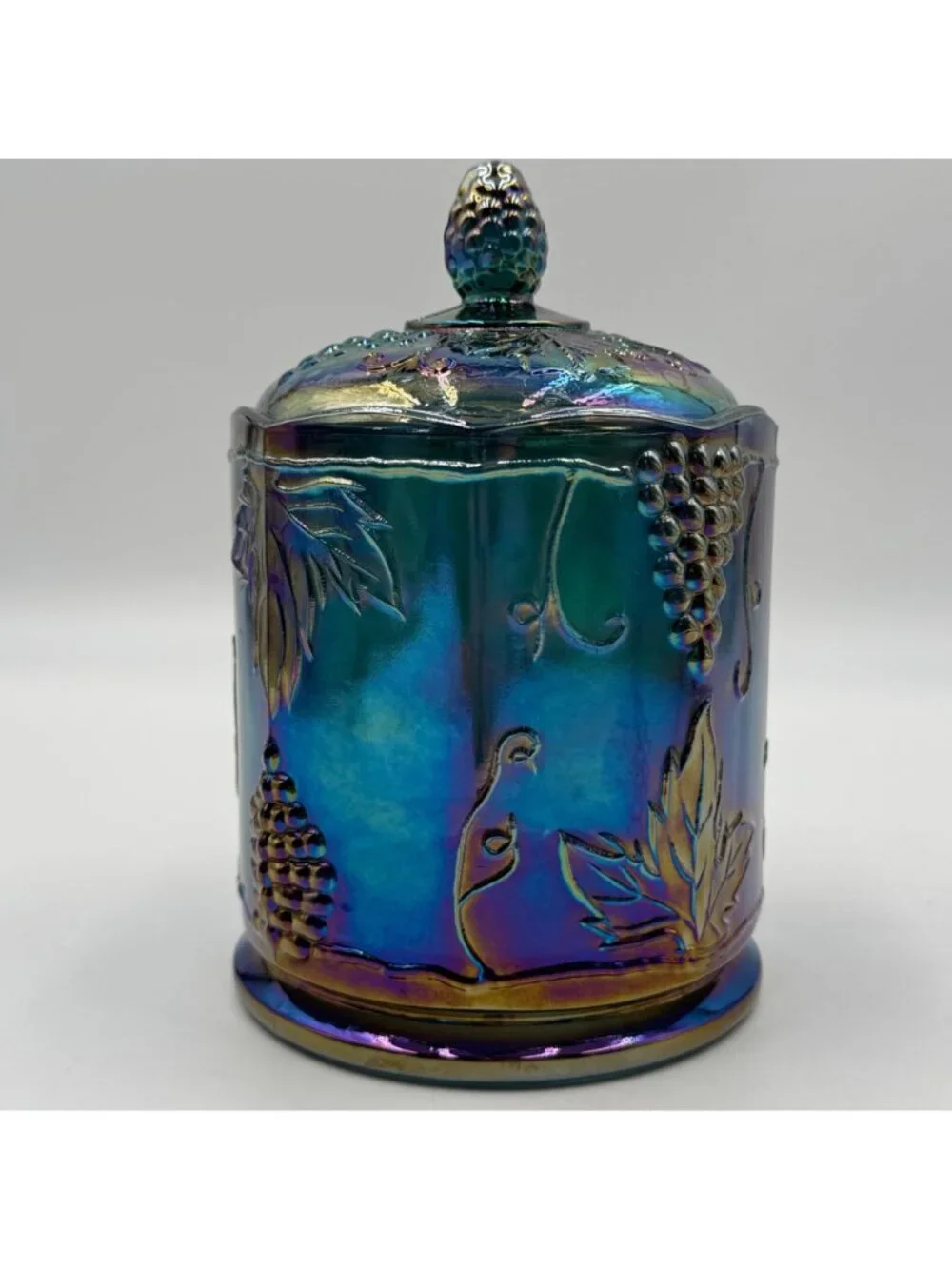 Vintage Carnival Glass Covered Candy Jar Grape & Leaf Design Pinecone Lid